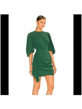 RHODE Pia Dress Womens Medium Green Ruched Puff Sleeve Asymmetric Mini
